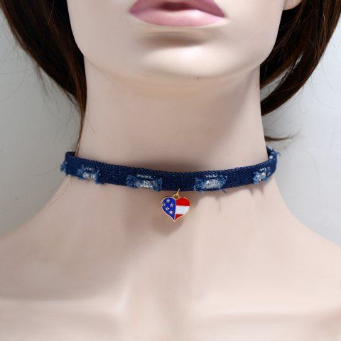 USA Independence Day Ripped Denim Heart Pendant Choker