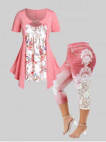 Ensemble d'été avec T-shirt Découpé à 2 en 1 3D Floral et Legging de Grande Taille - RED