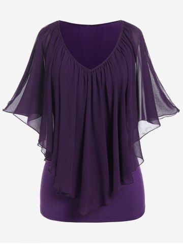 Plus Size Chiffon Overlay Cold Shoulder Tee - PURPLE - 1X | US 14-16