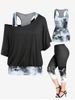 Skew Neck Batwing Sleeve Tee and Tie Dye Racerback Tank Top Set and High Waist Heart Floral Print Capri Leggings Plus Size Summer Outfit -  