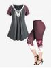 Colorblock Lace Up Casual T Shirt and High Waist Heart Floral Print Capri Leggings Plus Size Summer Outfit -  