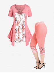 Curve Cutout Floral Print 2 in 1 Tee and High Waist 3D Print Capri Skinny Leggings Plus Size Summer Outfit -  