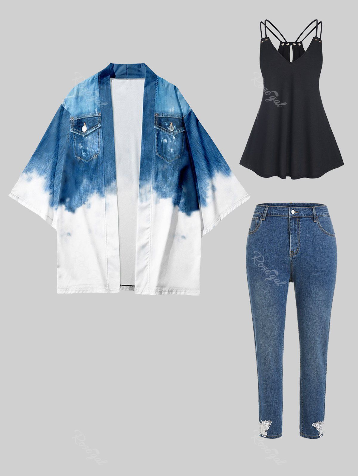 Outfits Open Front 3D Denim Print Kimono and Jeans Plus Size Summer Outfit  