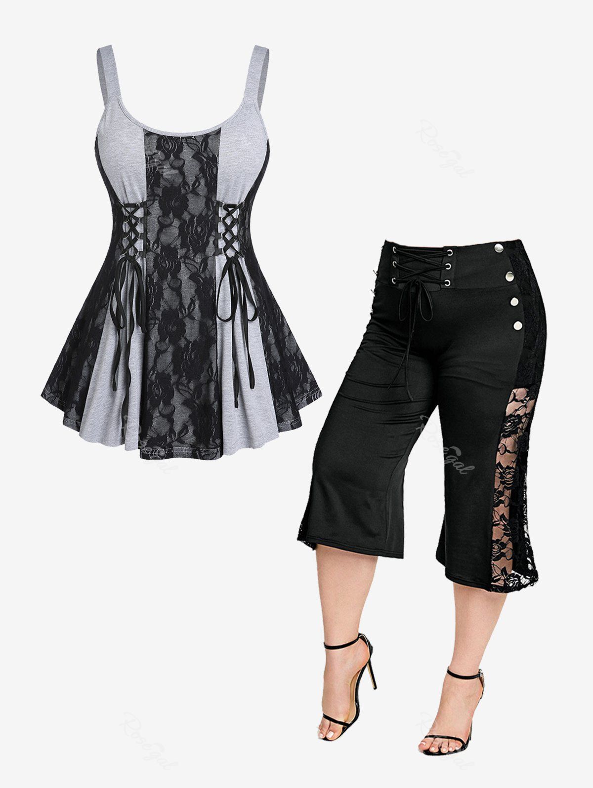 Shops Lace Panel Lace-up Tank Top and Capri Pants Plus Size Summer Outfit  