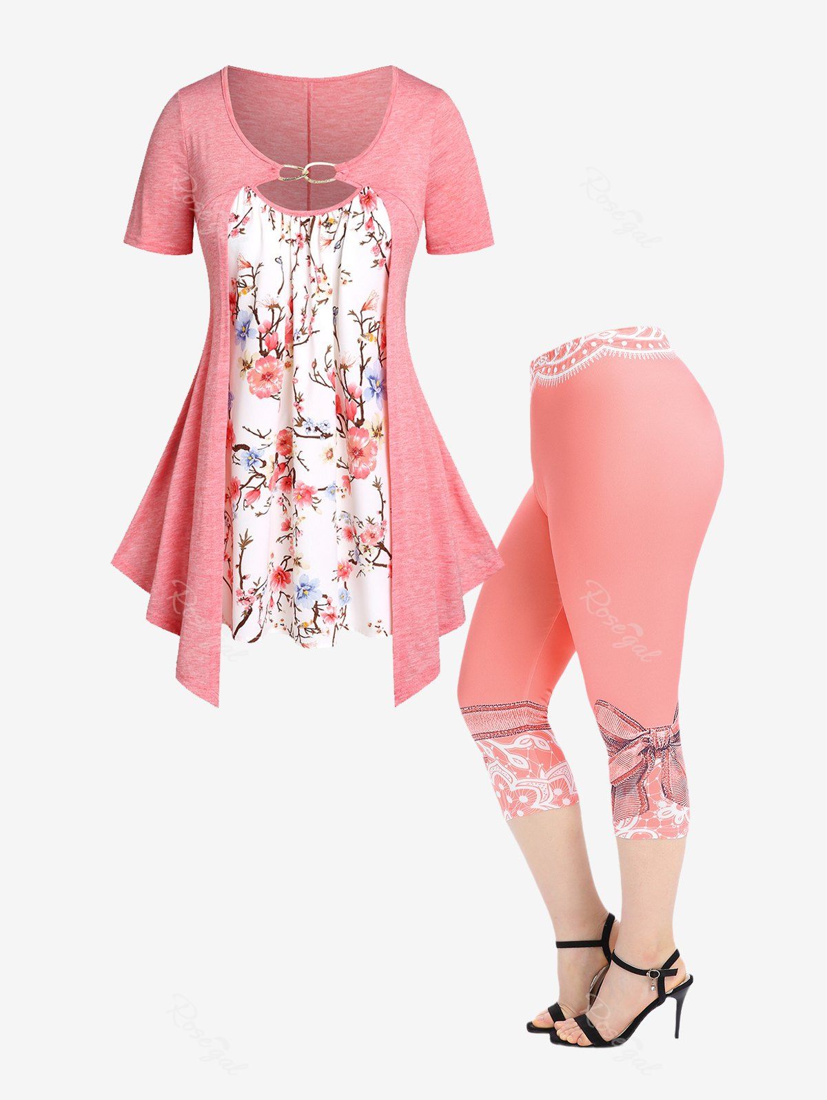 Buy Curve Cutout Floral Print 2 in 1 Tee and High Waist 3D Print Capri Skinny Leggings Plus Size Summer Outfit  