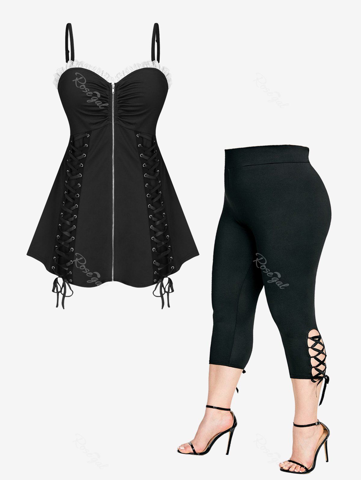 Hot Ruched Zip Up Lace-up Tank Top and Capri Leggings Gothic Plus Size Summer Outfit  