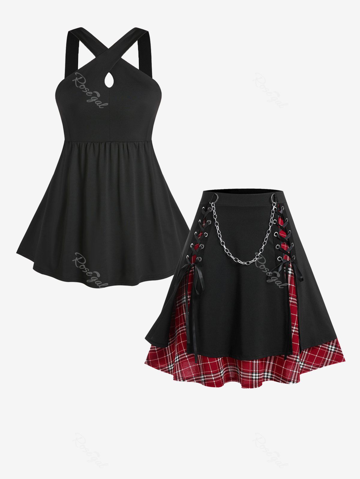 Fashion Cross Tunic Top and Gothic Chains Lace Up Layered Plaid Skirt Plus Size Summer Outfit  