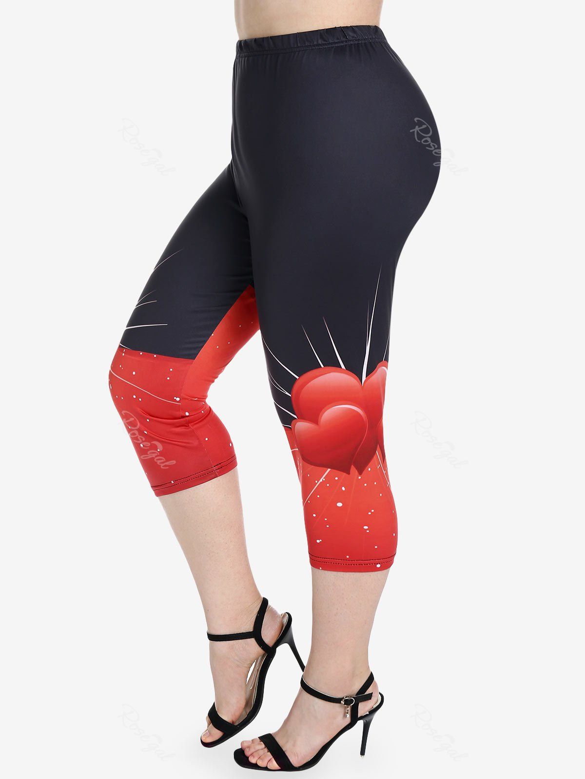Fashion Plus Size High Waist Heart Print Colorblock Capri Leggings  