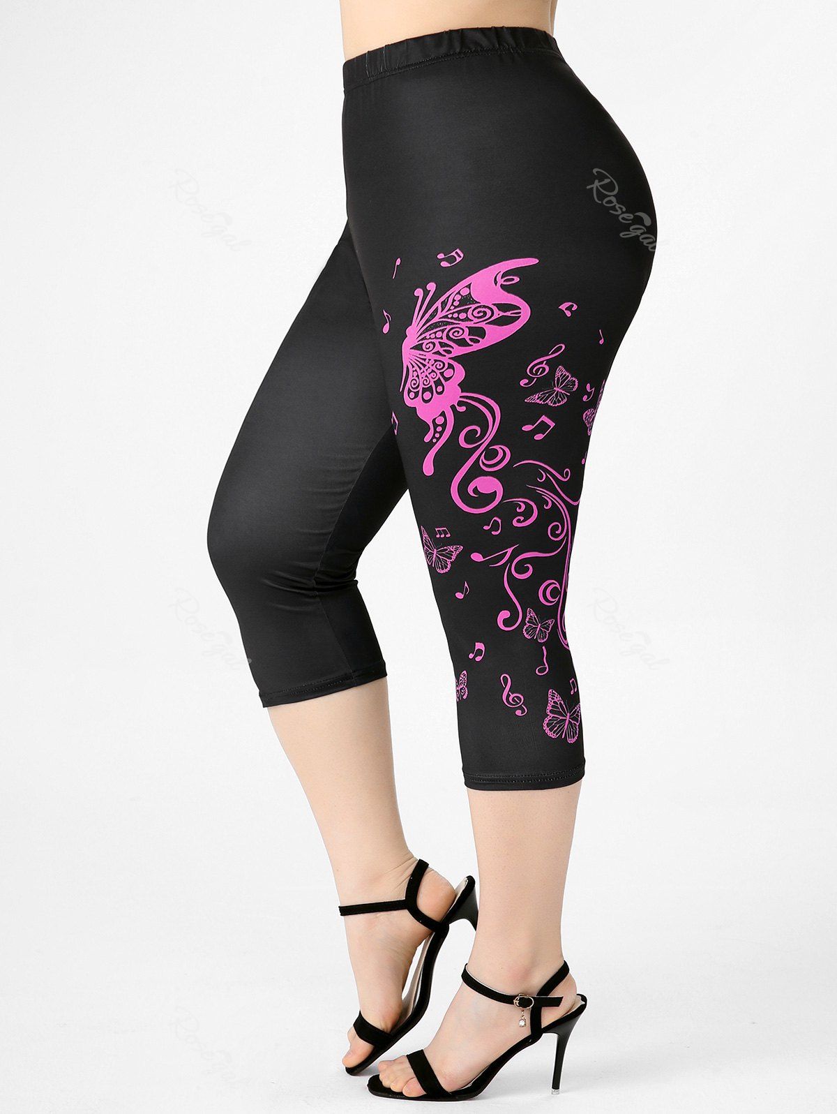 Trendy Plus Size & Curve High Waist Butterfly Print Gym Capri Leggings  