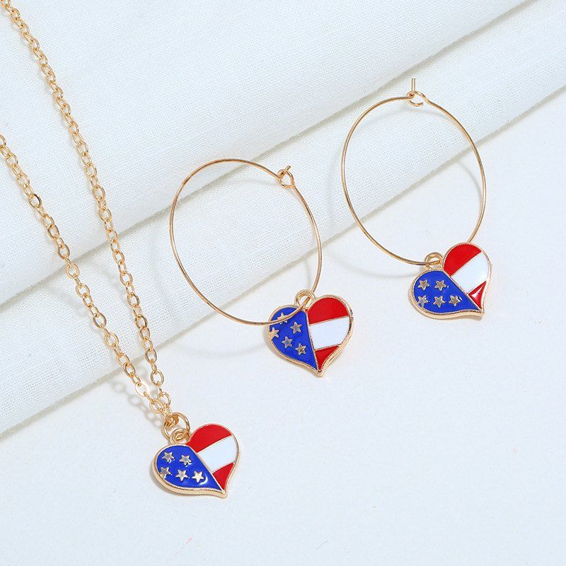 Shops USA Independence Day Heart Shape Pendant Necklace And Earrings Set  