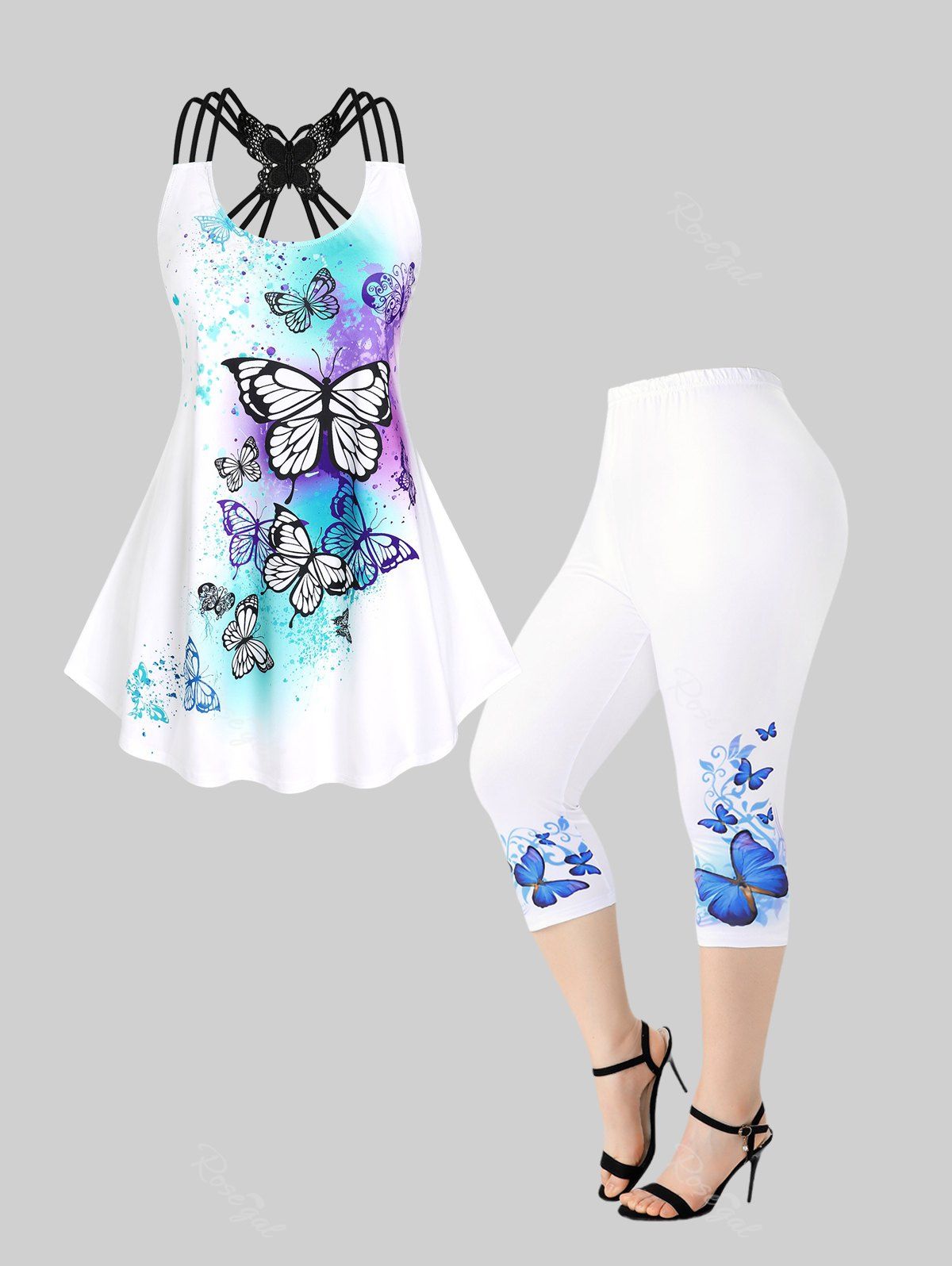 Trendy Butterfly Print Strappy Tank Top and High Rise Capri Leggings Plus Size Summer Outfit  