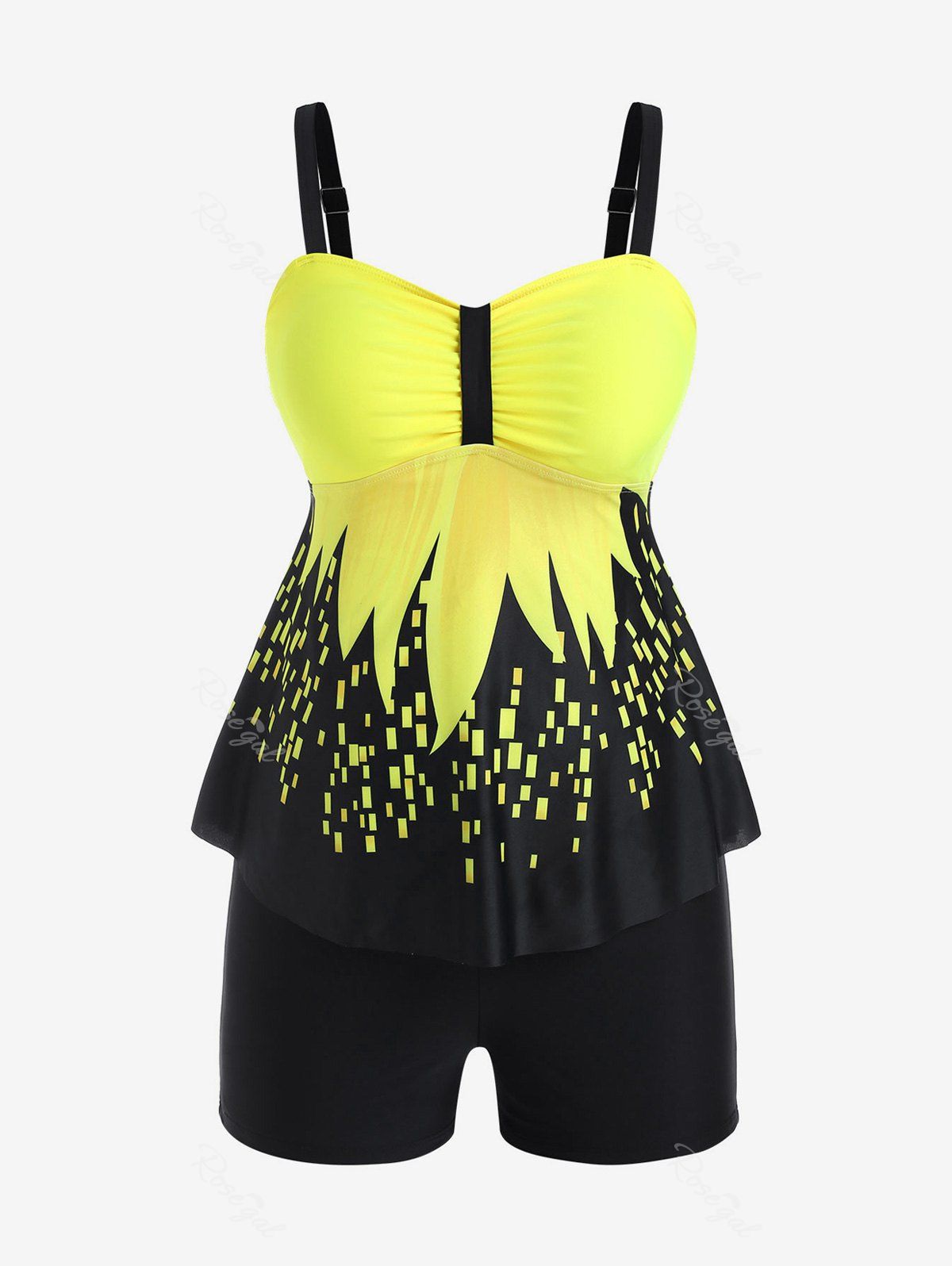 Fashion Plus Size Sunflower Print Ruched Boyshort High Rise Modest Tankini Swimwear  