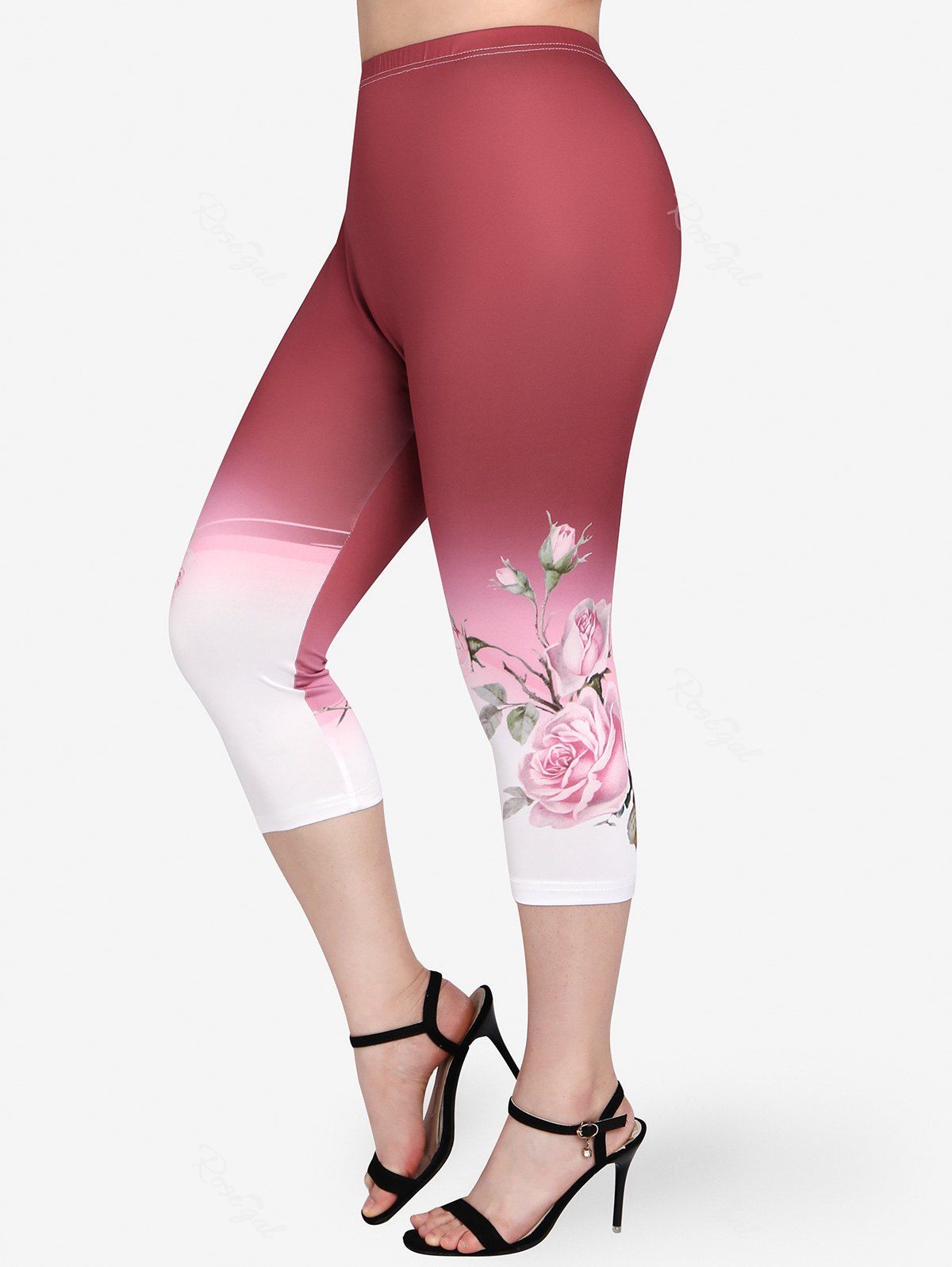 Fashion Plus Size Floral Print Ombre Color Capri Skinny Leggings  