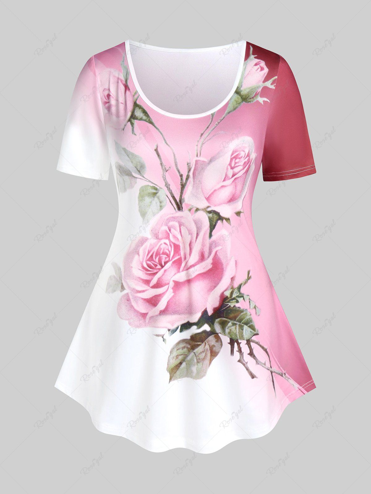 Fashion Plus Size Rose Print Ombre Color Tee  