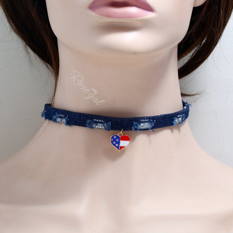 Collier Ras-de-Cou en Jean Style Déchiré Motif Cœur du Jour de l'Indépendance Bleu 