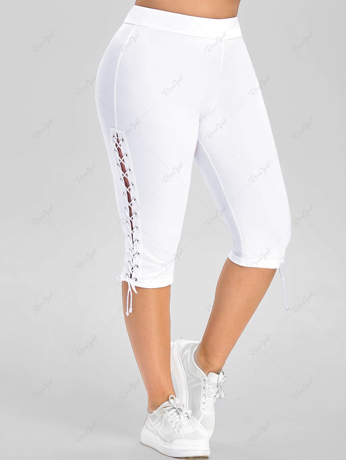 Trendy Plus Size High Waisted Lace Up Capri Pants  