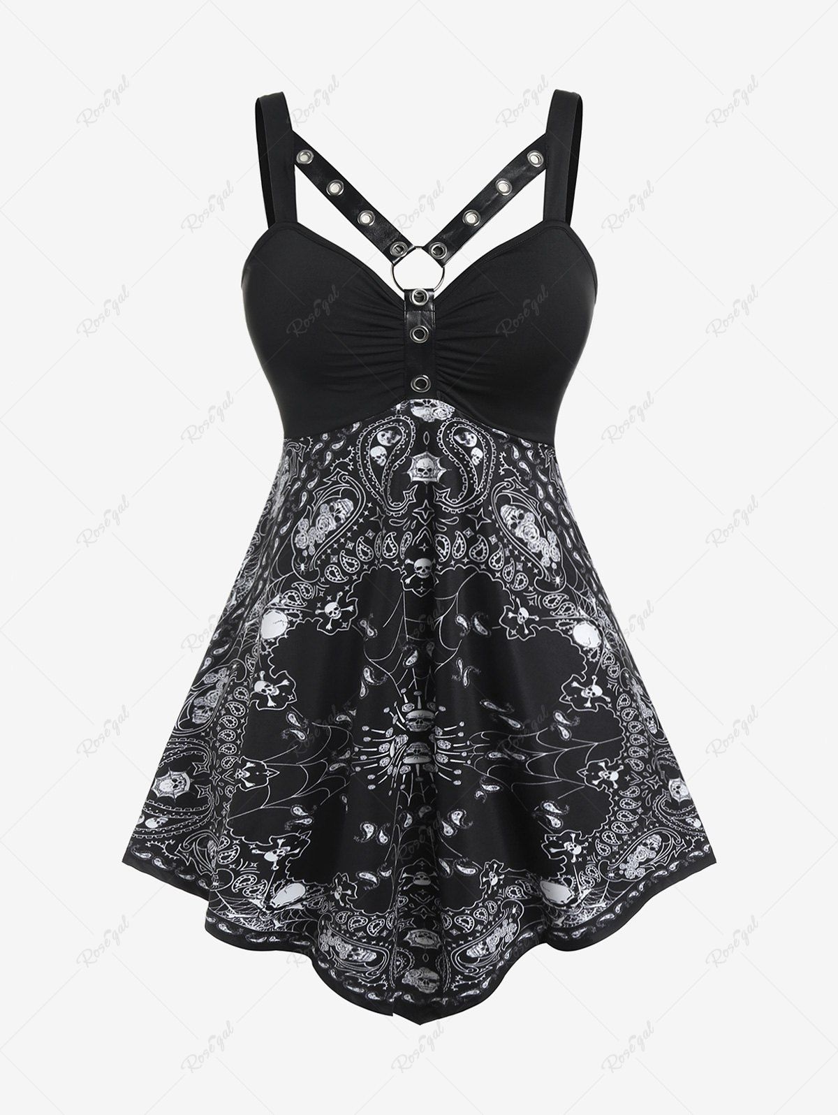 Affordable Plus Size Paisley Skull Print Harness Gothic Tank Top  