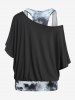 Skew Neck Batwing Sleeve Tee and Tie Dye Racerback Tank Top Set and High Waist Heart Floral Print Capri Leggings Plus Size Summer Outfit -  