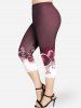 Colorblock Lace Up Casual T Shirt and High Waist Heart Floral Print Capri Leggings Plus Size Summer Outfit -  