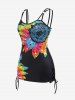 Plus Size Lace Up Sunflower Print Tank Top -  
