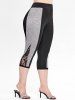 Plus Size High Waist Lace Panel Colorblock Capri Leggings -  