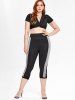 Plus Size High Waist Lace Panel Colorblock Capri Leggings -  