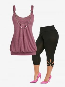 Curve Chains Blouson Tank Top and Metal Ring Cut Out Capri Leggings Plus Size Summer Outfit - DEEP RED