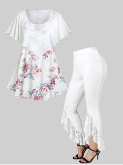 Floral Print Ruffled Overlay Tee and Floral Lace Insert Slit Bell Pants Plus Size Summer Outfit - WHITE