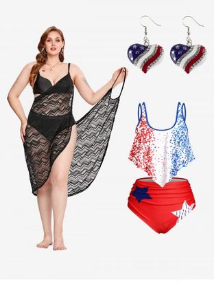 Backless Wrap Cover Up Dress and Tankini Swimsuit Plus Size Summer Outfit with Drop Earrings