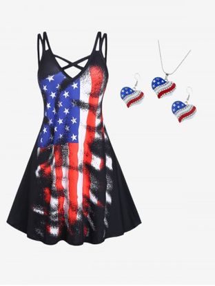 Plus Size Patriotic American Flag Print Dress with Pendant Necklace and Drop Earrings Set