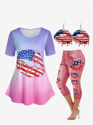 American Flag Lip Print Ombre Color Tee and Lip Print Cropped Jeggings with Accessories Plus Size Summer Outfit