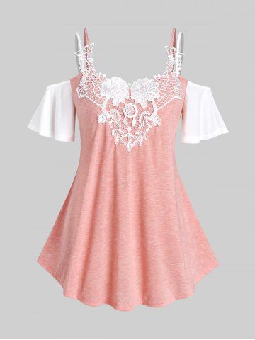 Plus Size Lace Panel Two Tone Cold Shoulder Tee - Light Pink - M | Us 10