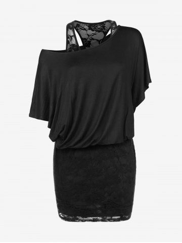 Plus Size Skew Neck Faux Twinset Blouson Bodycon Dress - BLACK - S | US 8