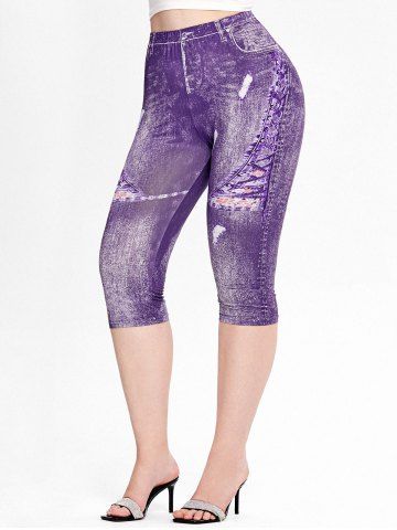 Plus Size 3D Jeans Printed Capri Leggings - PURPLE - 3X | US 22-24