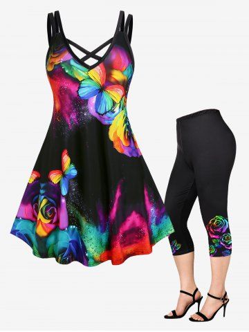 3D Glittery Sparkles Butterfly A Line Sleeveless Dress with Leggings Plus Size Summer Outfit - BLACK
