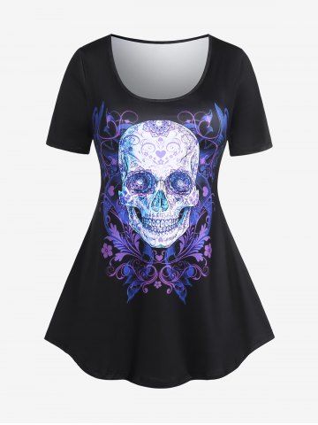 Plus Size Skull Printed Short Sleeves Gothic Tee - BLACK - 1X | US 14-16