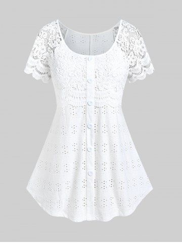 Plus Size Broderie Anglaise Lace Panel Top - WHITE - 2X | US 18-20
