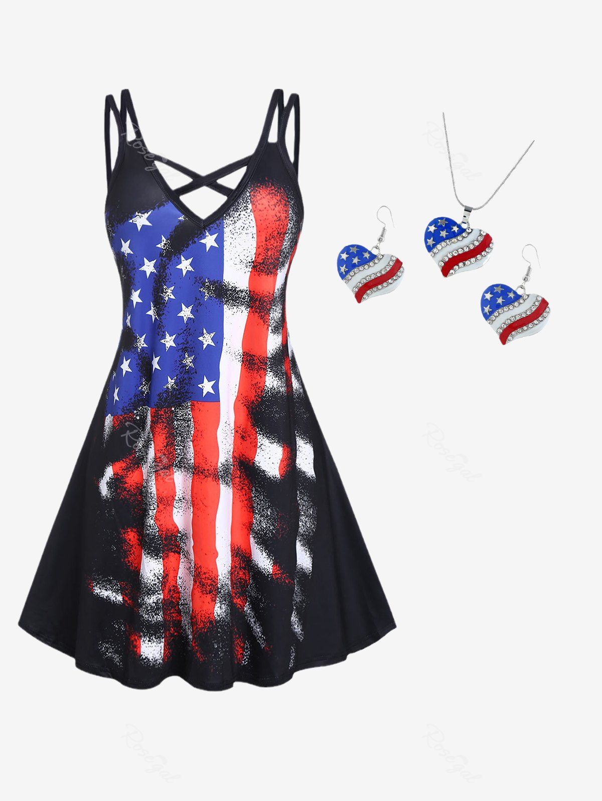 Discount Plus Size Patriotic American Flag Print Dress with Pendant Necklace and Drop Earrings Set  