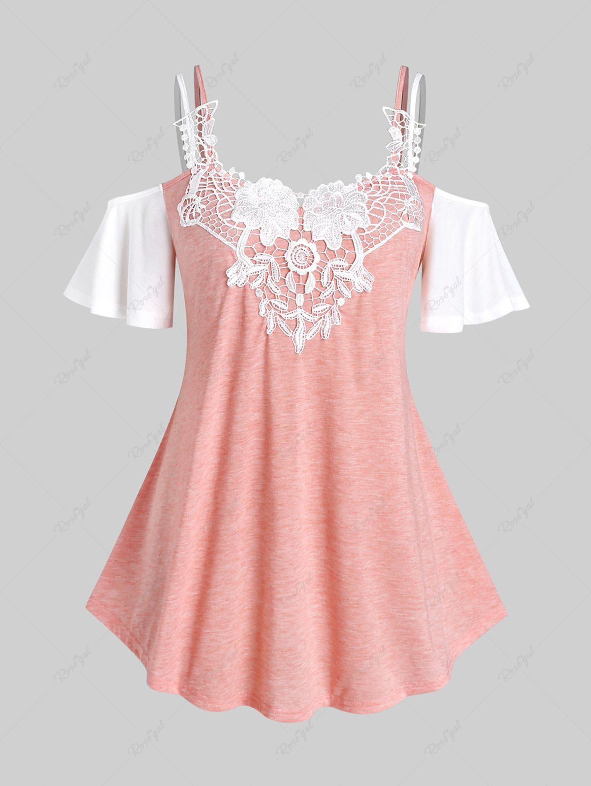 T-shirt Bicolore Panneau en Dendelle à Epaule Dénudée de Grande Taille Rose clair 4X | US 26-28