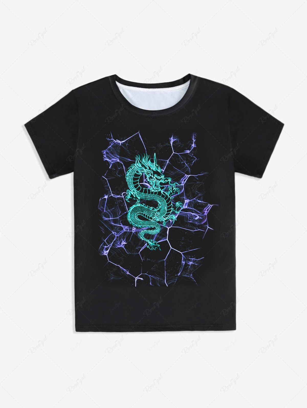 T-shirt Unisexe à Imprimé Dragon Oriental à Manches Courtes Noir 4XL