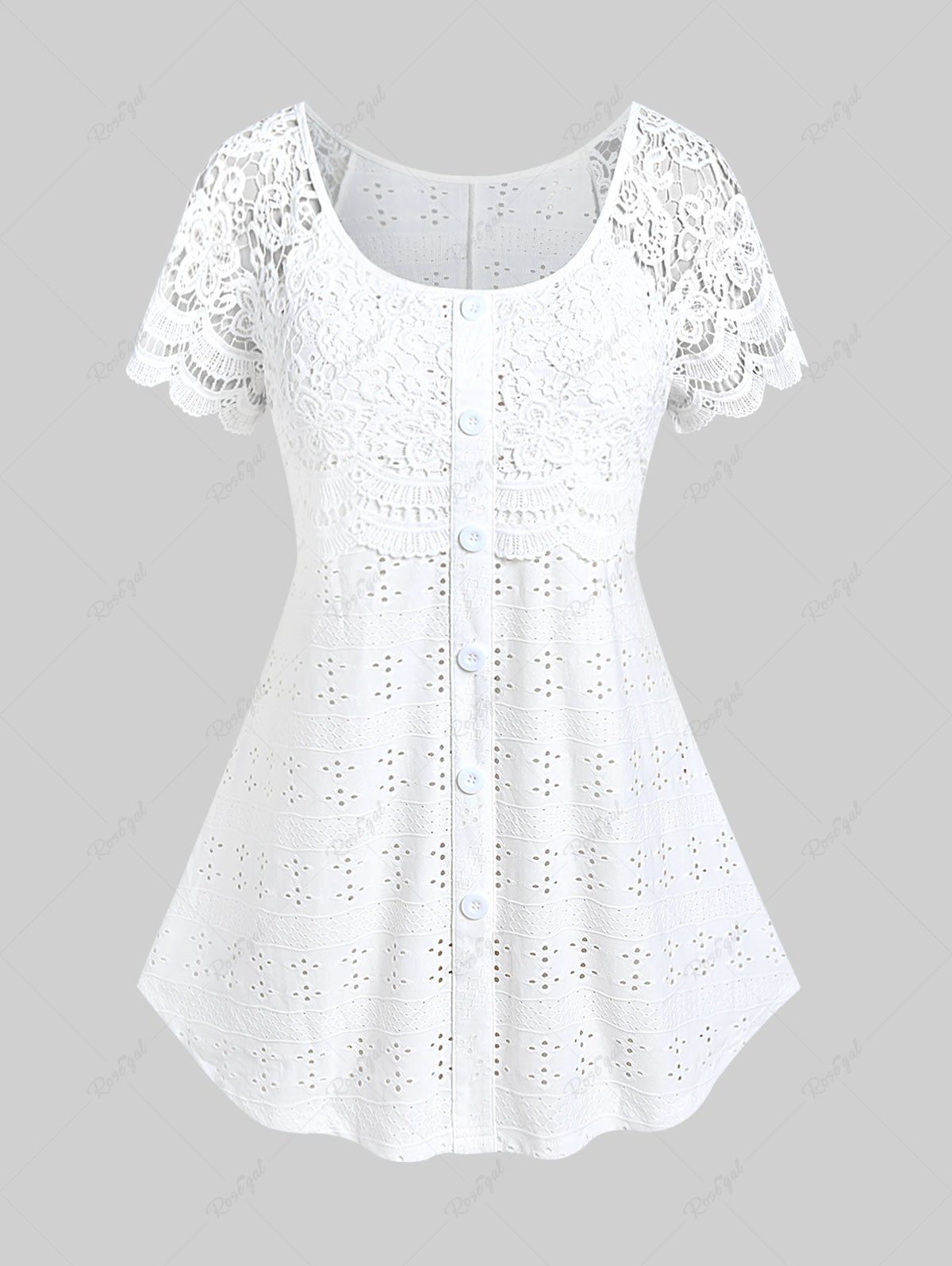 T-shirt Broderie Anglaise Panneau en Dentelle de Grande Taille Blanc 1X | US 14-16