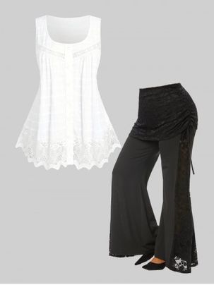 Lace Panel Solid Shirt and Flare Cinched Pants Plus Size Summer Outfit