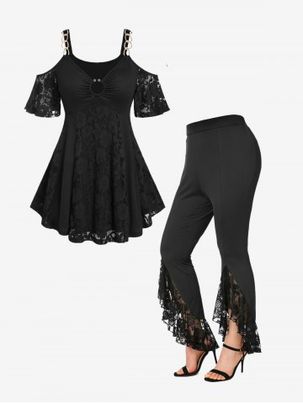 Cold Shoulder Lace Panel Tee and High Waist Flare Pants Plus Size Summer Outfit