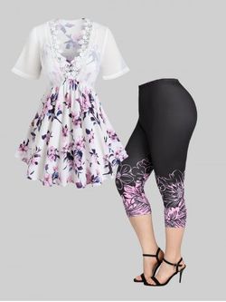 Floral Print Chiffon Panel Blouse and Skinny Capri Leggings Plus Size Summer Outfit - LIGHT PINK