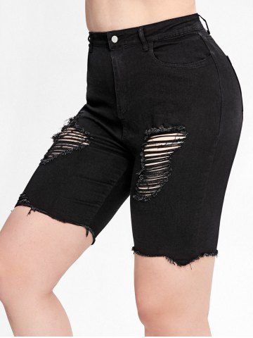 Plus Size Ripped High Waisted Denim Bermuda Shorts - BLACK - 3X