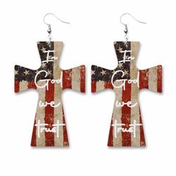 USA Independence Day American Flag Cross PU Leather Earrings - MULTI