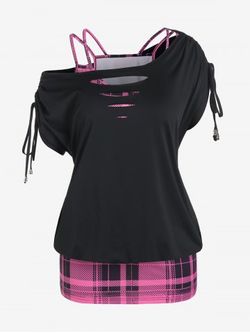 Plus Size Ripped Skew Neck Tee and Plaid Tank Top Twinset - BLACK - 2X | US 18-20