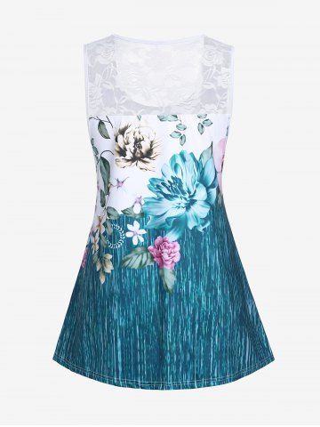 Plus Size Floral Print Lace Panel Tank Top