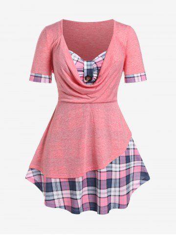 Plus Size Cowl Neck Plaid 2 in 1 Tee - LIGHT PINK - M | US 10