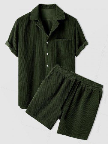 Corduroy Casual Shirt and Shorts Set - DEEP GREEN - L